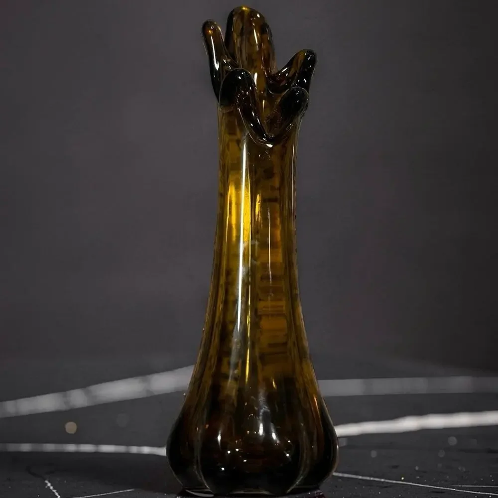 Vintage 5 Finger Swung Stretch Art Glass Vase - Amber Brown - 10.25